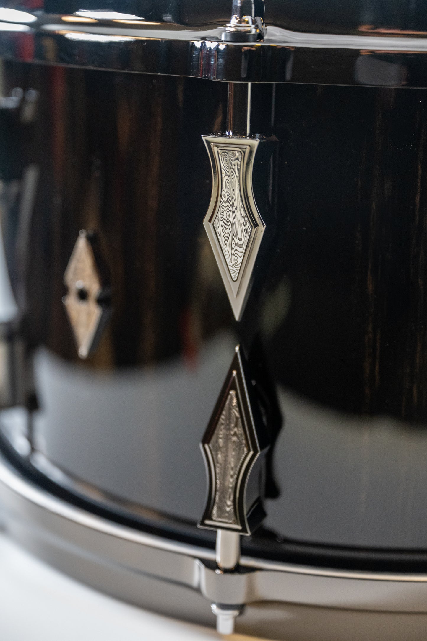 Gaboon Ebony 8 Lug Stave Snare Drum 8''x14'' High Gloss Finish with Black Chrome Lugs and Damasteel Inlays