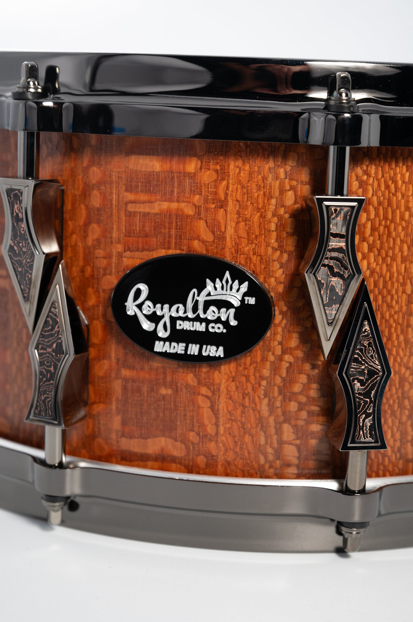Leopardwood 10 Lug Stave Snare Drum 6.5''x14'' Satin Finish with Black Chrome Lugs and Death Valley Copper Foil Carbon Fiber Inlays