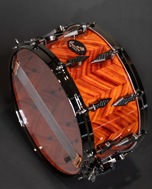 African Padauk Snare 7.5''x14'' High Gloss Finish with Antique Brushed Black Nickel Lugs and Carbon Fiber Inlays