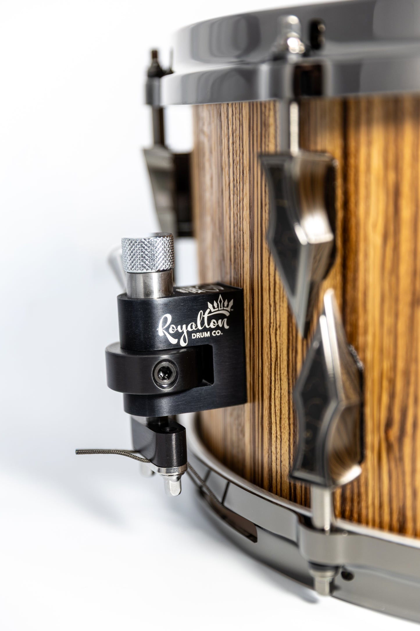Hybrid Zebrawood and Maple 8 Lug Stave Snare Drum 7''x14'' Satin Finish with Custom Antique Brushed Black Nickel Lugs and Gold Camo Carbon Fiber Inlays