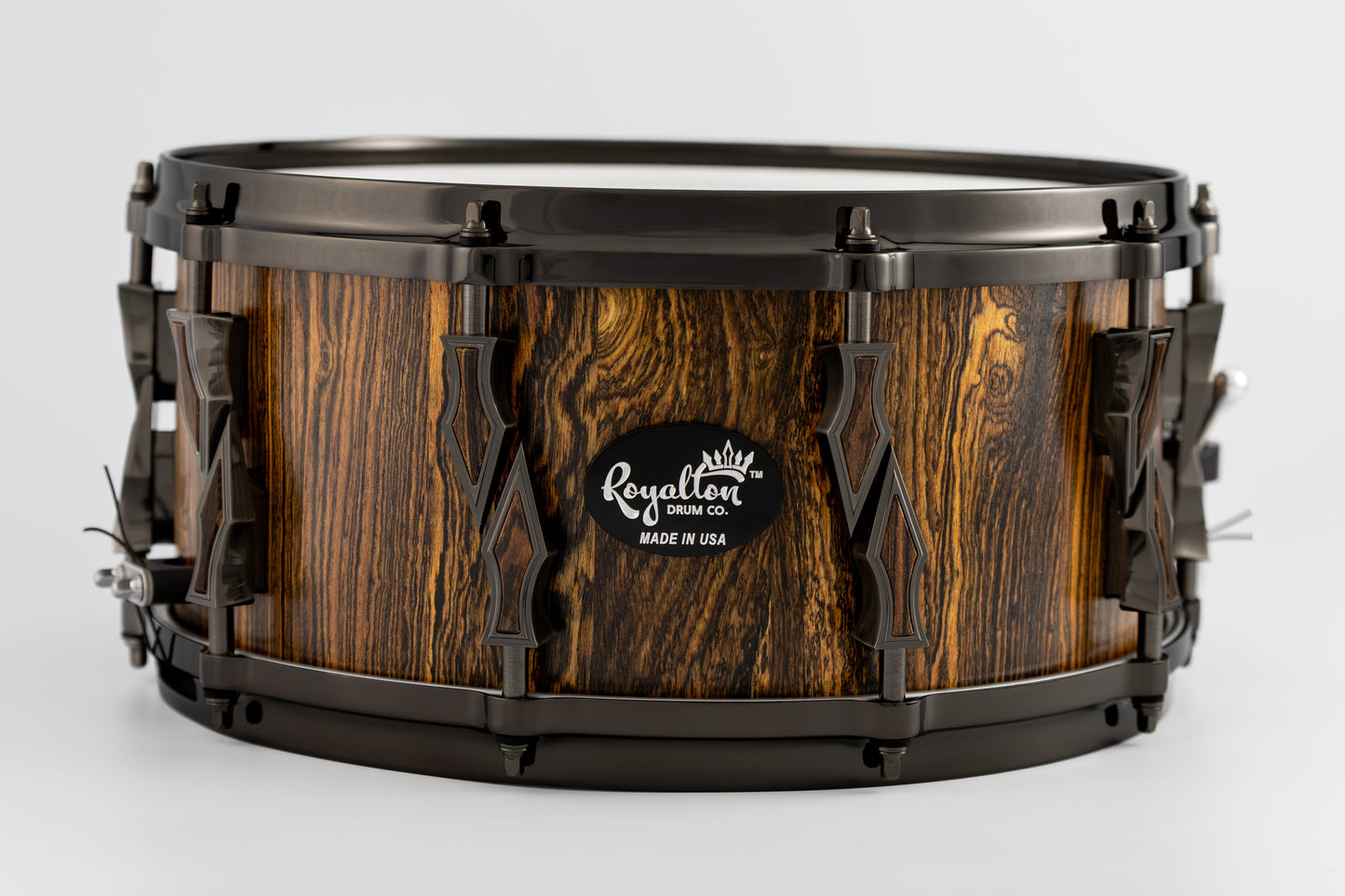 Bocote 10 Lug Stave Snare Drum 6.5''x14'' Satin Finish with Custom Antique Brushed Black Nickel Lugs and Matching Bocote Inlays