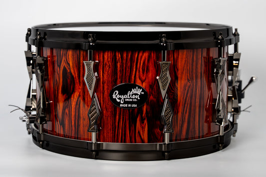 Cocobolo 10 Lug Stave Snare Drum 7.5''x14'' High Gloss Finish with Black Chrome Lugs and Copper Lightning Strike Carbon Fiber Inlays