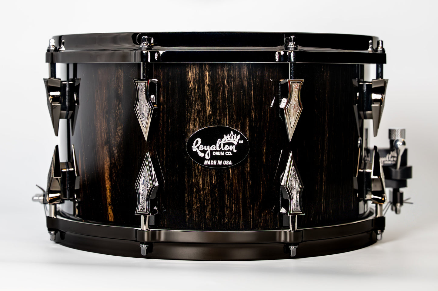Gaboon Ebony 8 Lug Stave Snare Drum 8''x14'' High Gloss Finish with Black Chrome Lugs and Damasteel Inlays