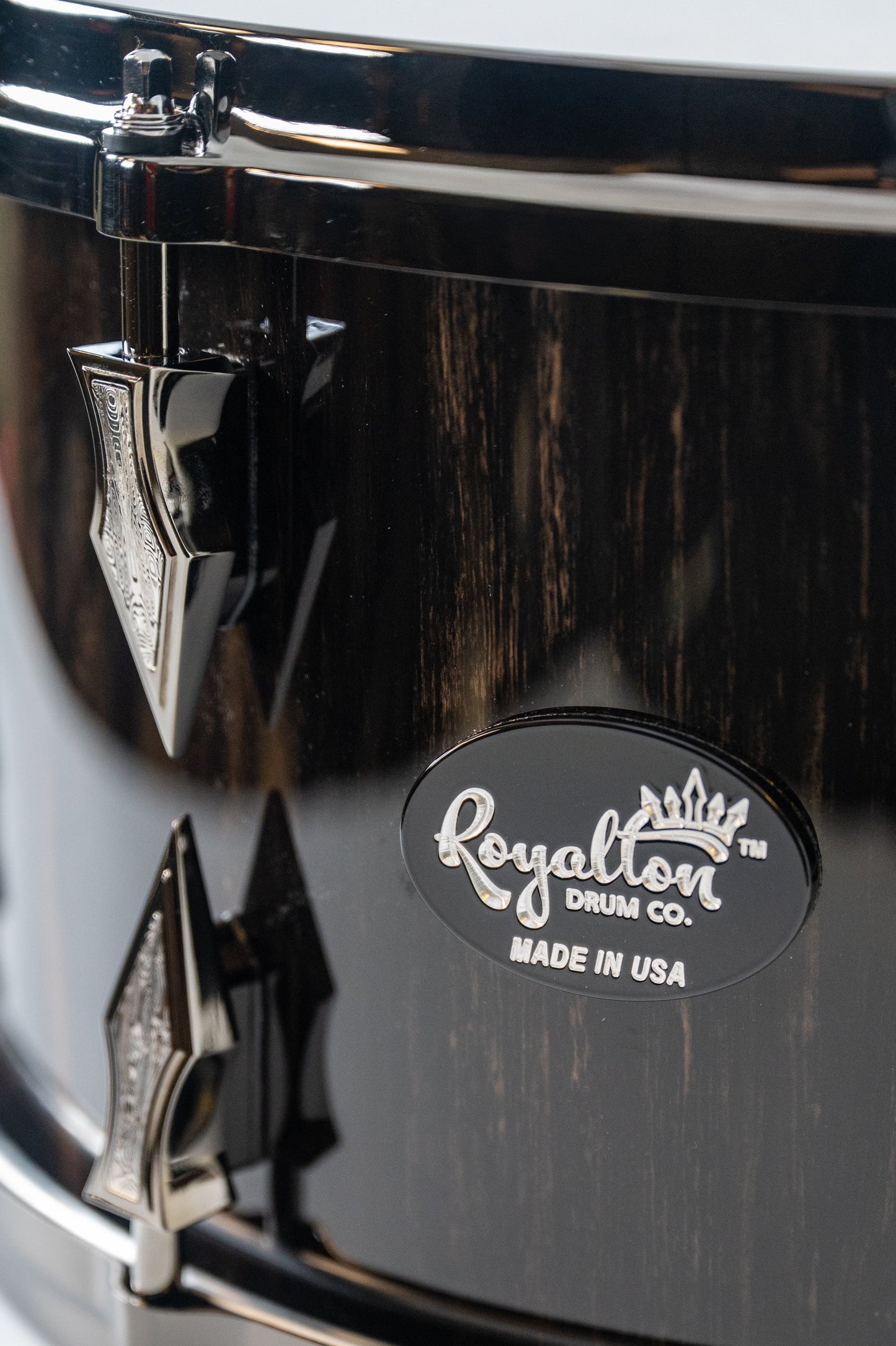 Gaboon Ebony 8 Lug Stave Snare Drum 8''x14'' High Gloss Finish with Black Chrome Lugs and Damasteel Inlays