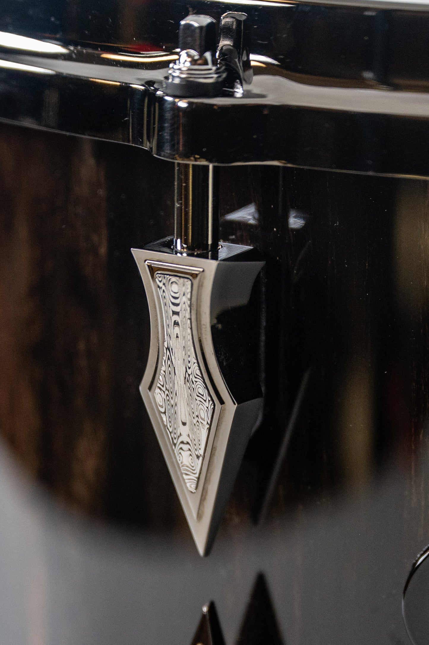 Gaboon Ebony 8 Lug Stave Snare Drum 8''x14'' High Gloss Finish with Black Chrome Lugs and Damasteel Inlays