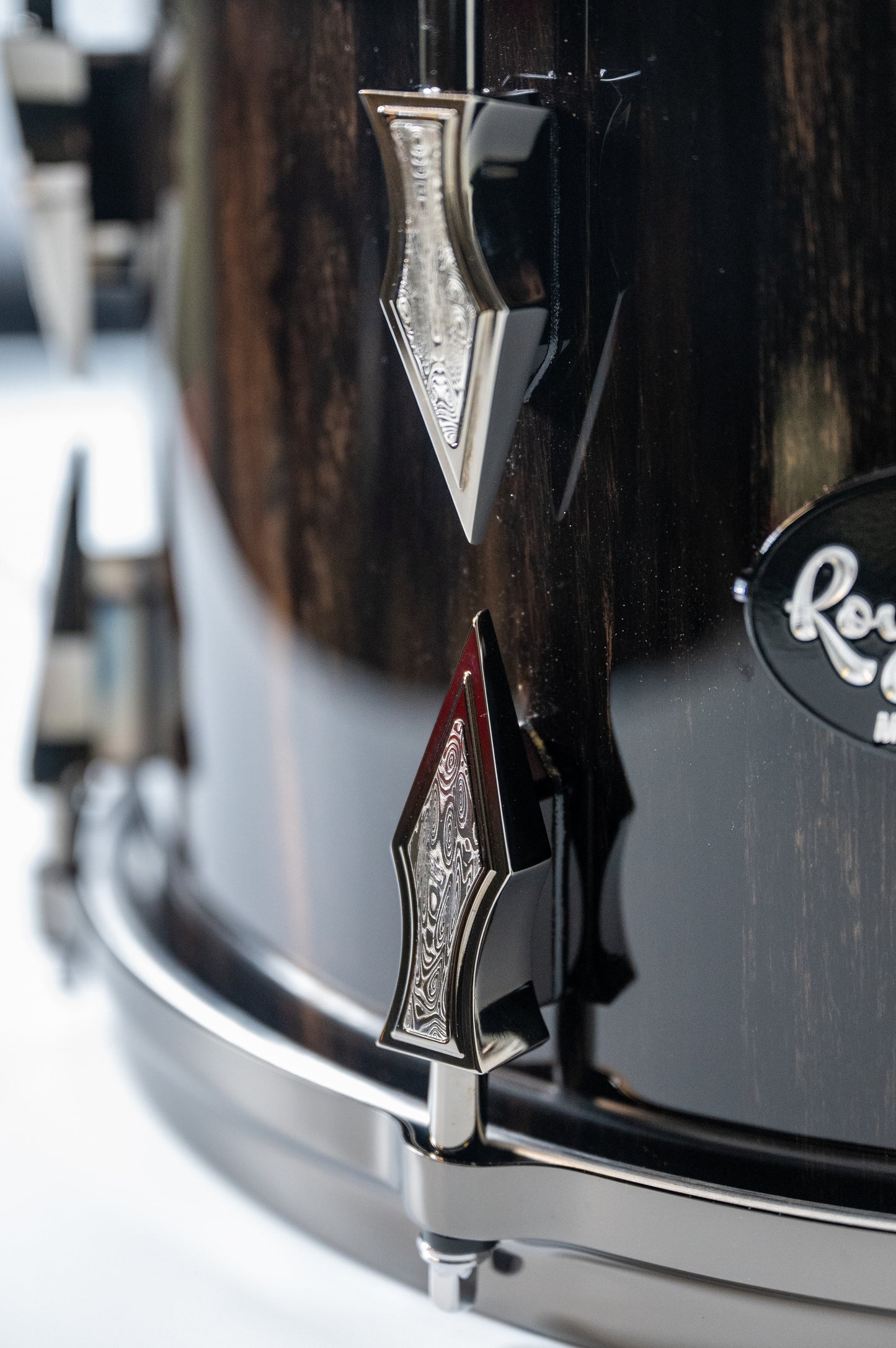 Gaboon Ebony 8 Lug Stave Snare Drum 8''x14'' High Gloss Finish with Black Chrome Lugs and Damasteel Inlays