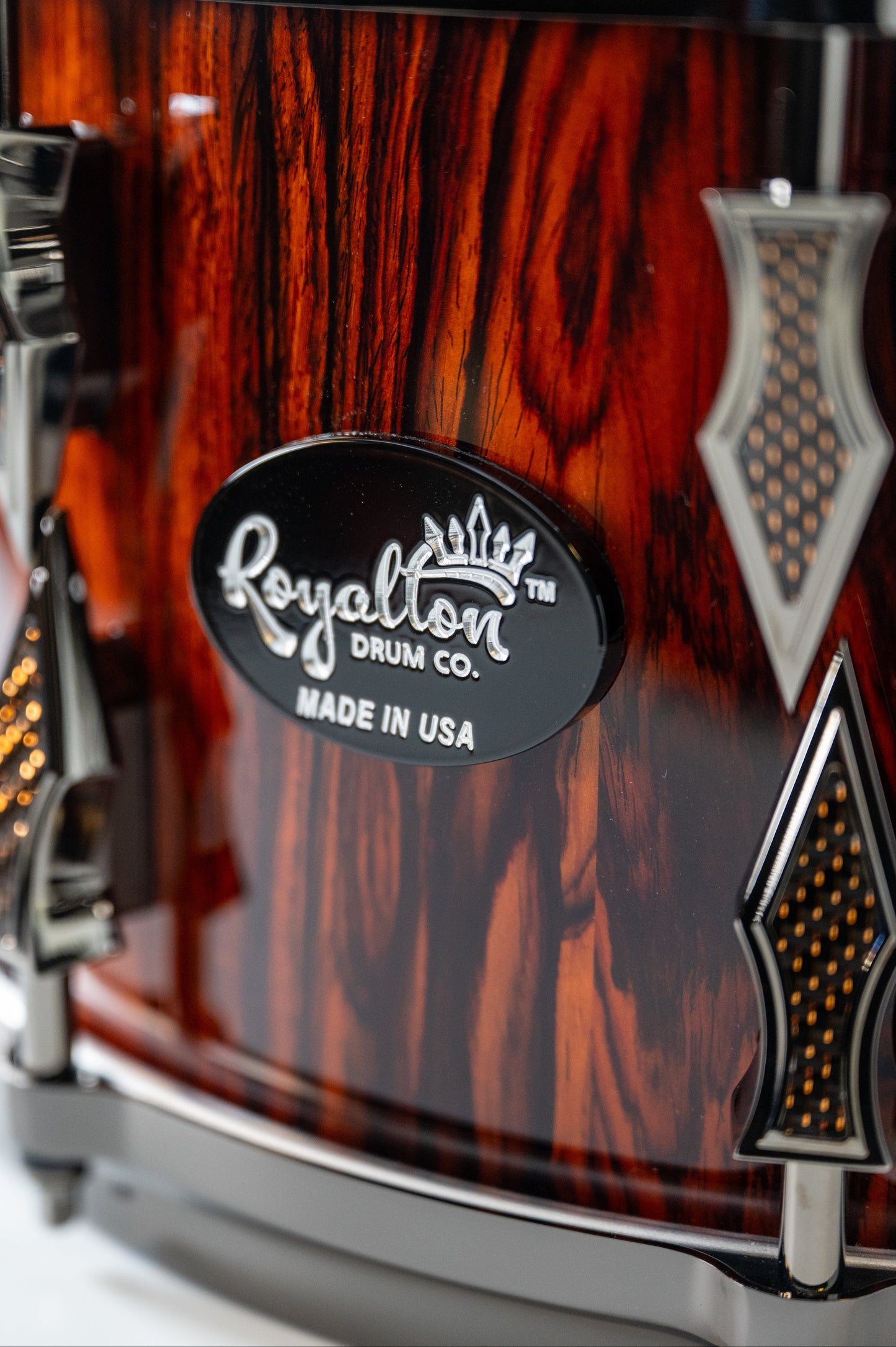 Cocobolo 10 Lug Stave Snare Drum 7.5''x14'' High Gloss Finish with Black Chrome Lugs and Copper Lightning Strike Carbon Fiber Inlays