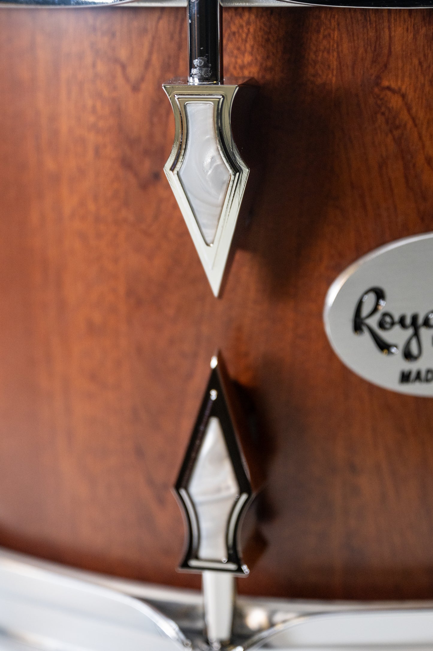 Mahogany 10 Lug Stave Snare Drum 8''x14'' Satin Finish with Chrome Lugs and Synthetic Pearl Inlays