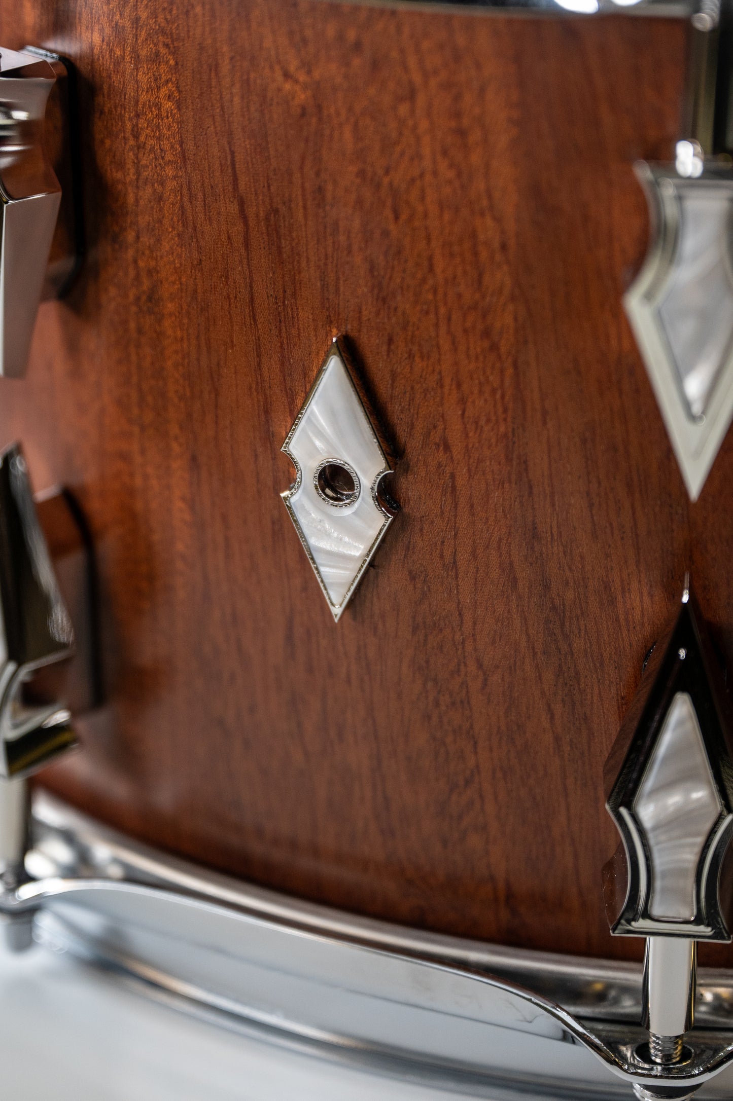 Mahogany 10 Lug Stave Snare Drum 8''x14'' Satin Finish with Chrome Lugs and Synthetic Pearl Inlays