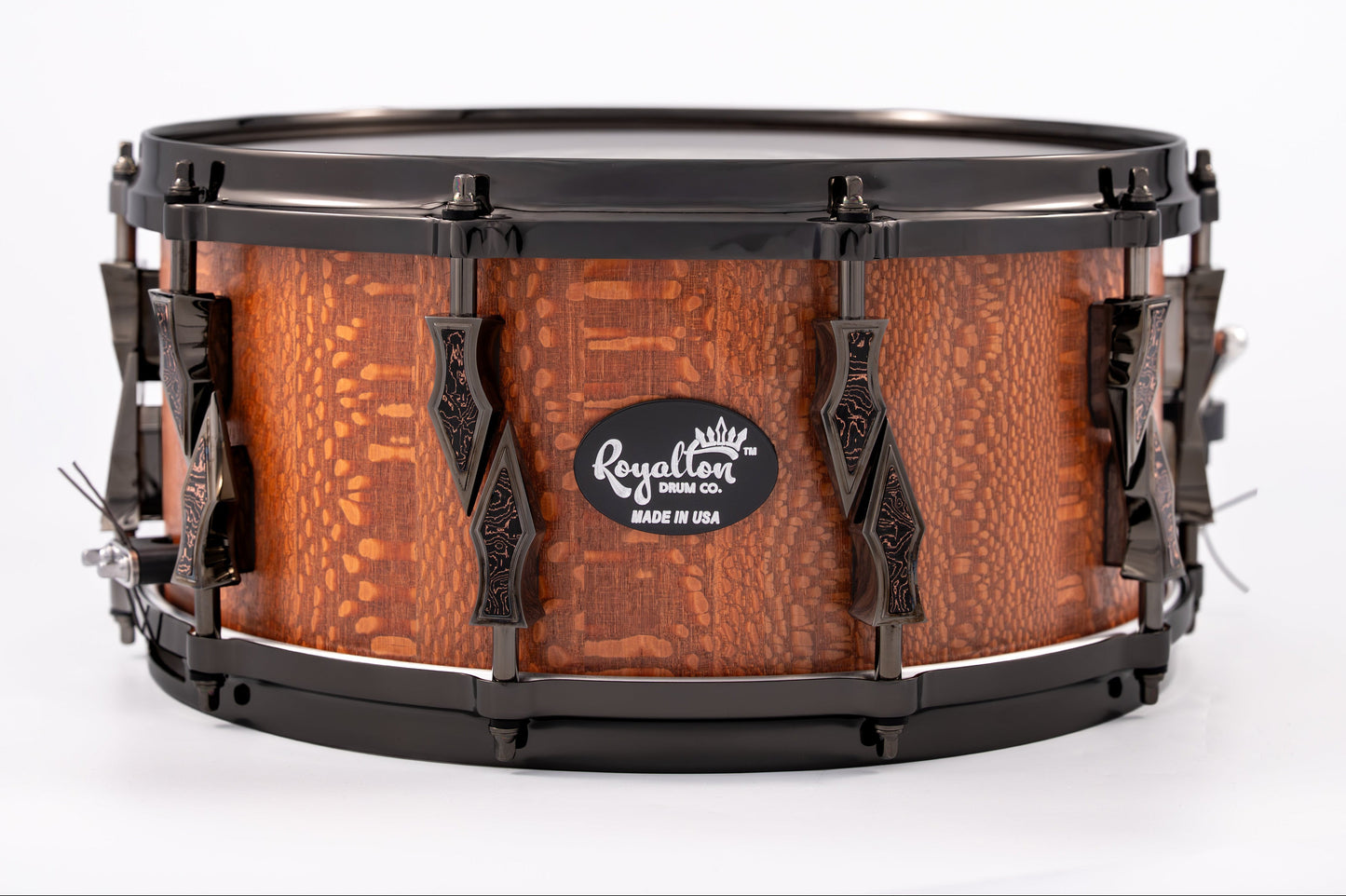 Leopardwood 10 Lug Stave Snare Drum 6.5''x14'' Satin Finish with Black Chrome Lugs and Death Valley Copper Foil Carbon Fiber Inlays