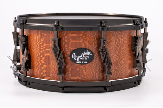 Leopardwood 10 Lug Stave Snare Drum 6.5''x14'' Satin Finish with Black Chrome Lugs and Death Valley Copper Foil Carbon Fiber Inlays