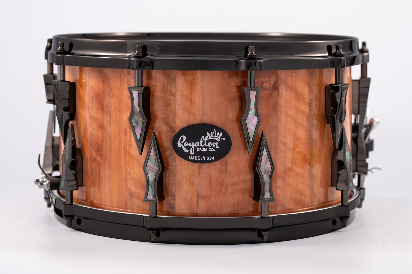 Tasmanian Myrtle 10 Lug Stave Snare Drum 8''x14'' High Gloss Finish with Black Chrome Lugs and Black Lip Pearl Inlays