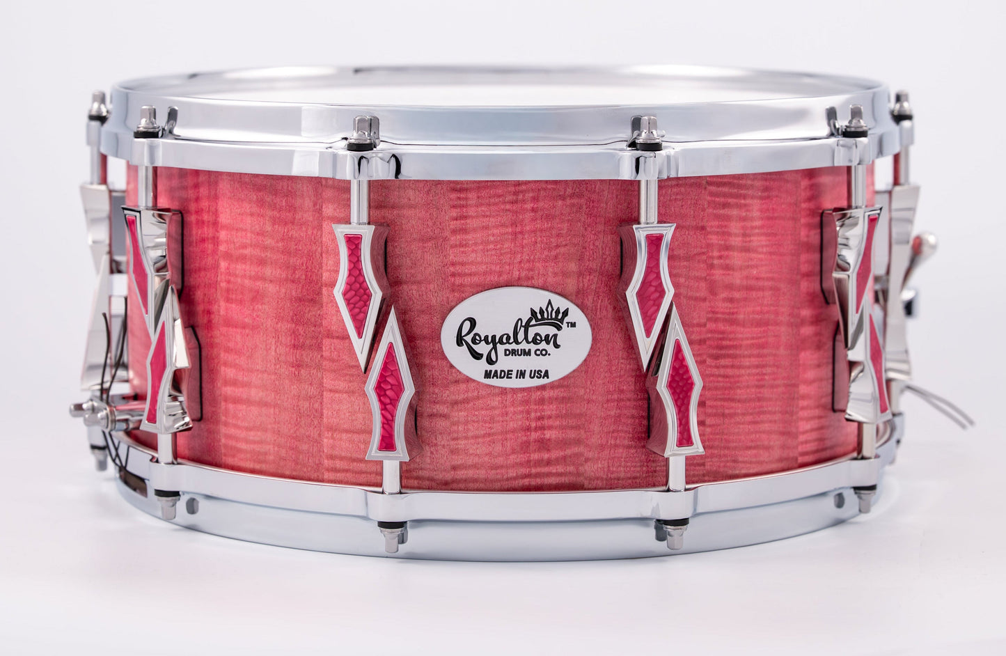 Curly Maple 10 Lug Stave Snare Drum 6.5''x14'' Satin Finish Dyed Pink with Chrome Lugs and Pink Juma Inlays