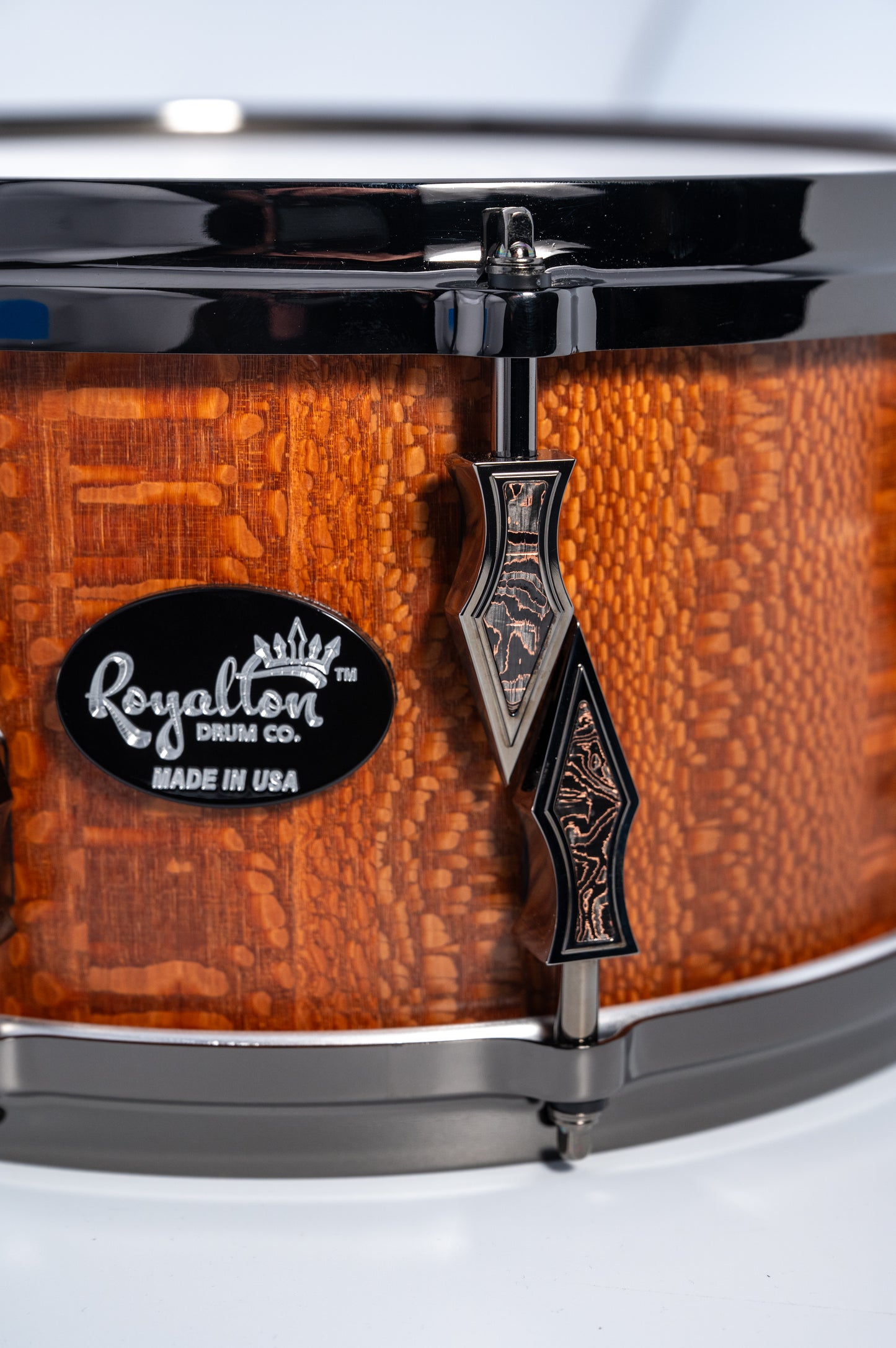 Leopardwood 10 Lug Stave Snare Drum 6.5''x14'' Satin Finish with Black Chrome Lugs and Death Valley Copper Foil Carbon Fiber Inlays