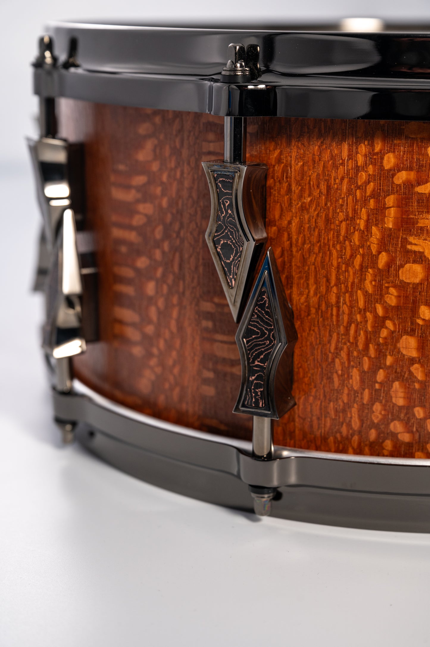 Leopardwood 10 Lug Stave Snare Drum 6.5''x14'' Satin Finish with Black Chrome Lugs and Death Valley Copper Foil Carbon Fiber Inlays