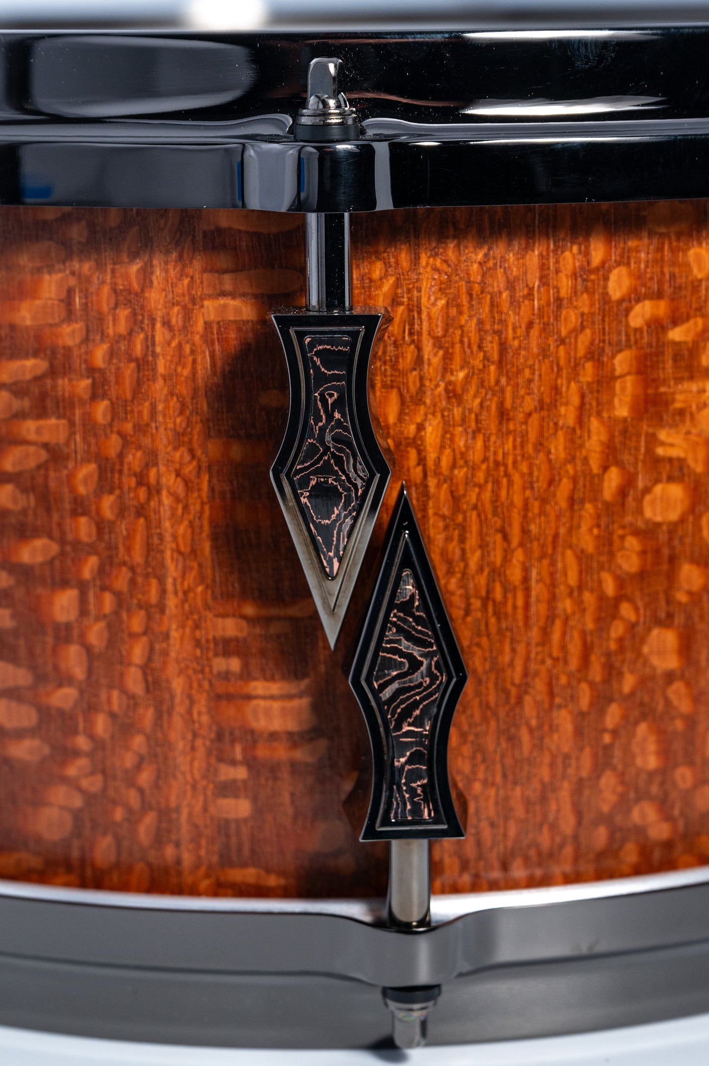 Leopardwood 10 Lug Stave Snare Drum 6.5''x14'' Satin Finish with Black Chrome Lugs and Death Valley Copper Foil Carbon Fiber Inlays