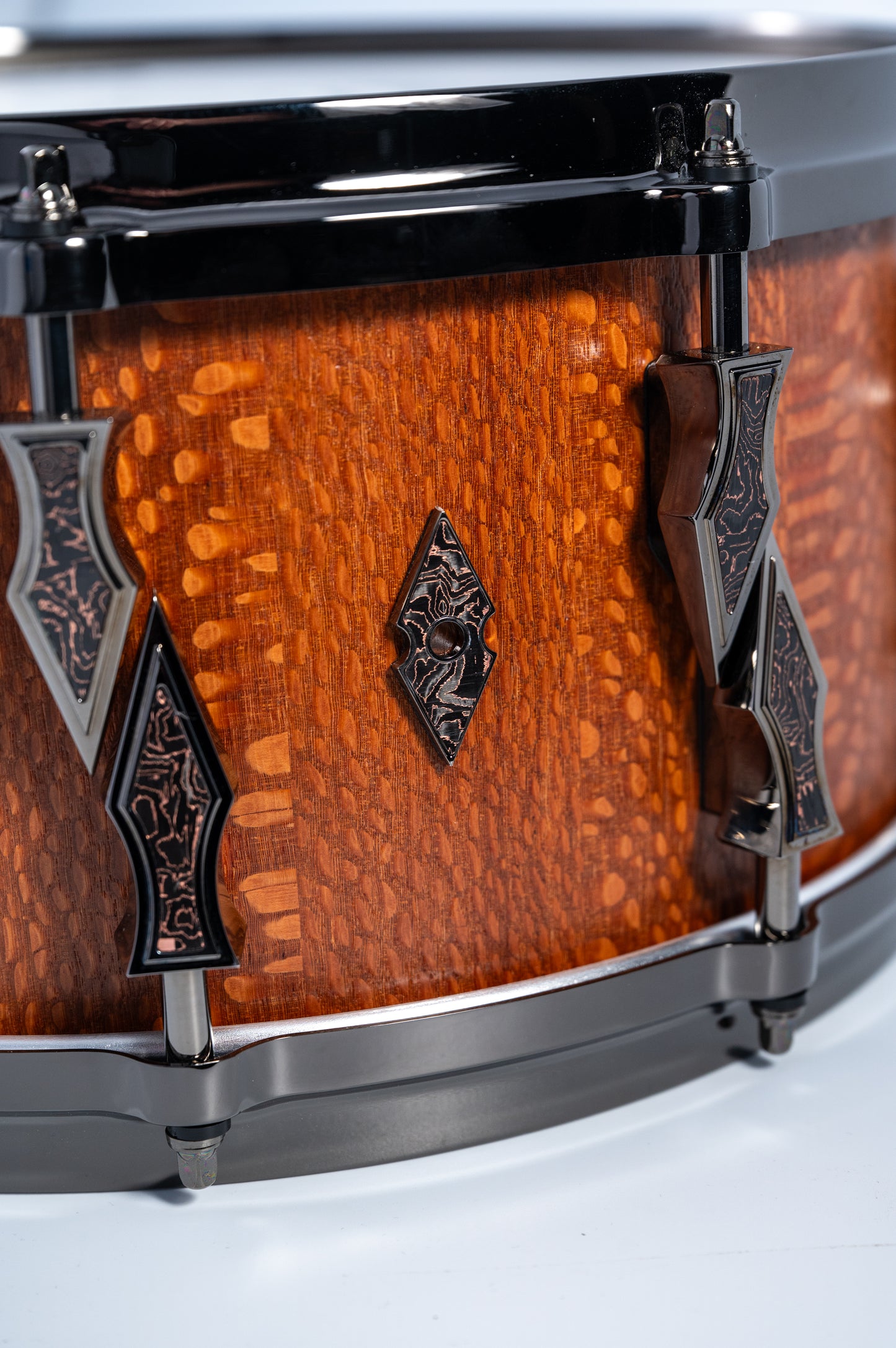 Leopardwood 10 Lug Stave Snare Drum 6.5''x14'' Satin Finish with Black Chrome Lugs and Death Valley Copper Foil Carbon Fiber Inlays