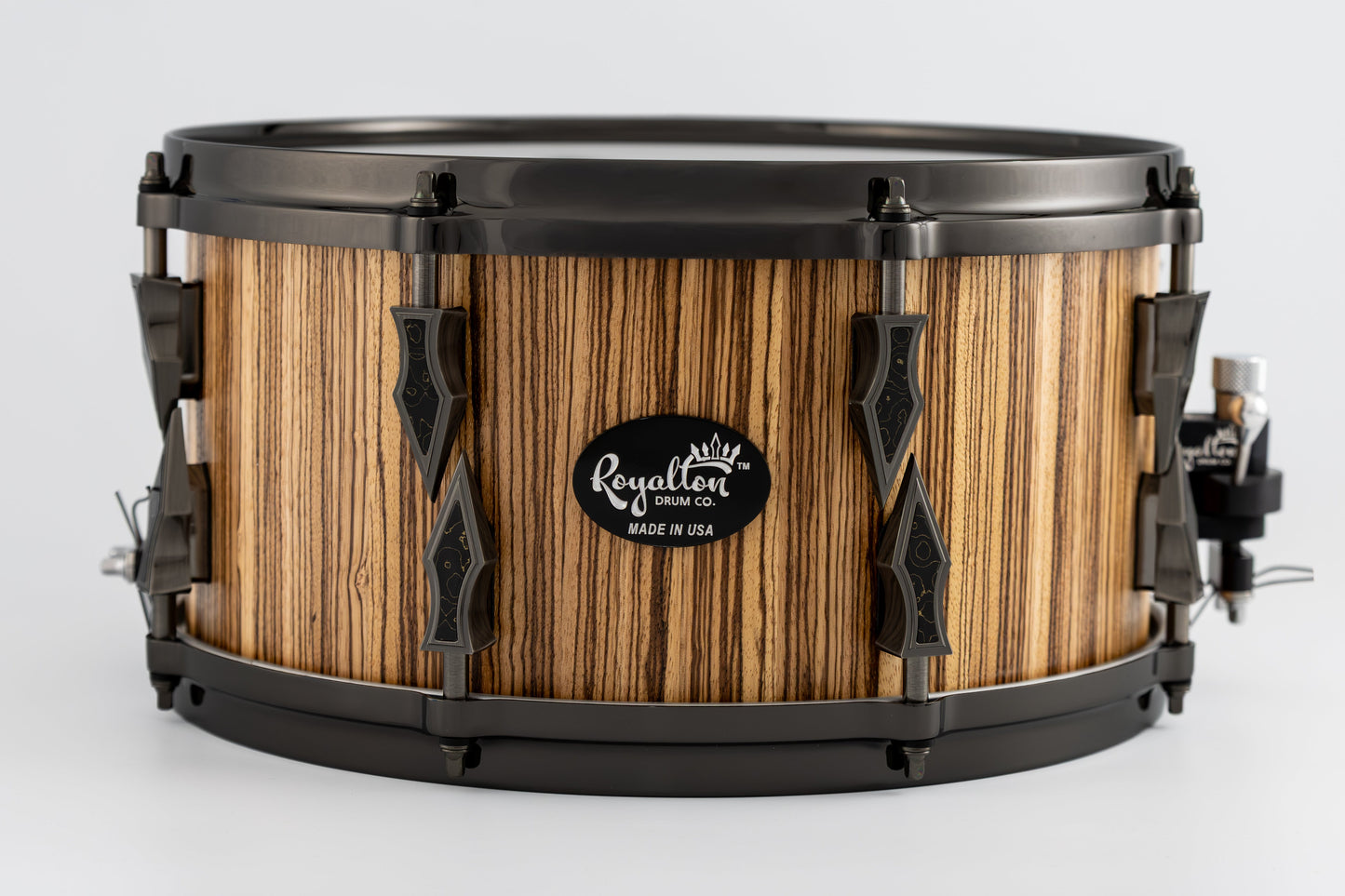 Hybrid Zebrawood and Maple 8 Lug Stave Snare Drum 7''x14'' Satin Finish with Custom Antique Brushed Black Nickel Lugs and Gold Camo Carbon Fiber Inlays