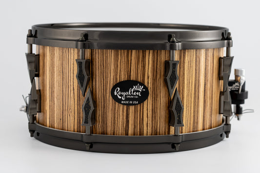 Hybrid Zebrawood and Maple 8 Lug Stave Snare Drum 7''x14'' Satin Finish with Custom Antique Brushed Black Nickel Lugs and Gold Camo Carbon Fiber Inlays