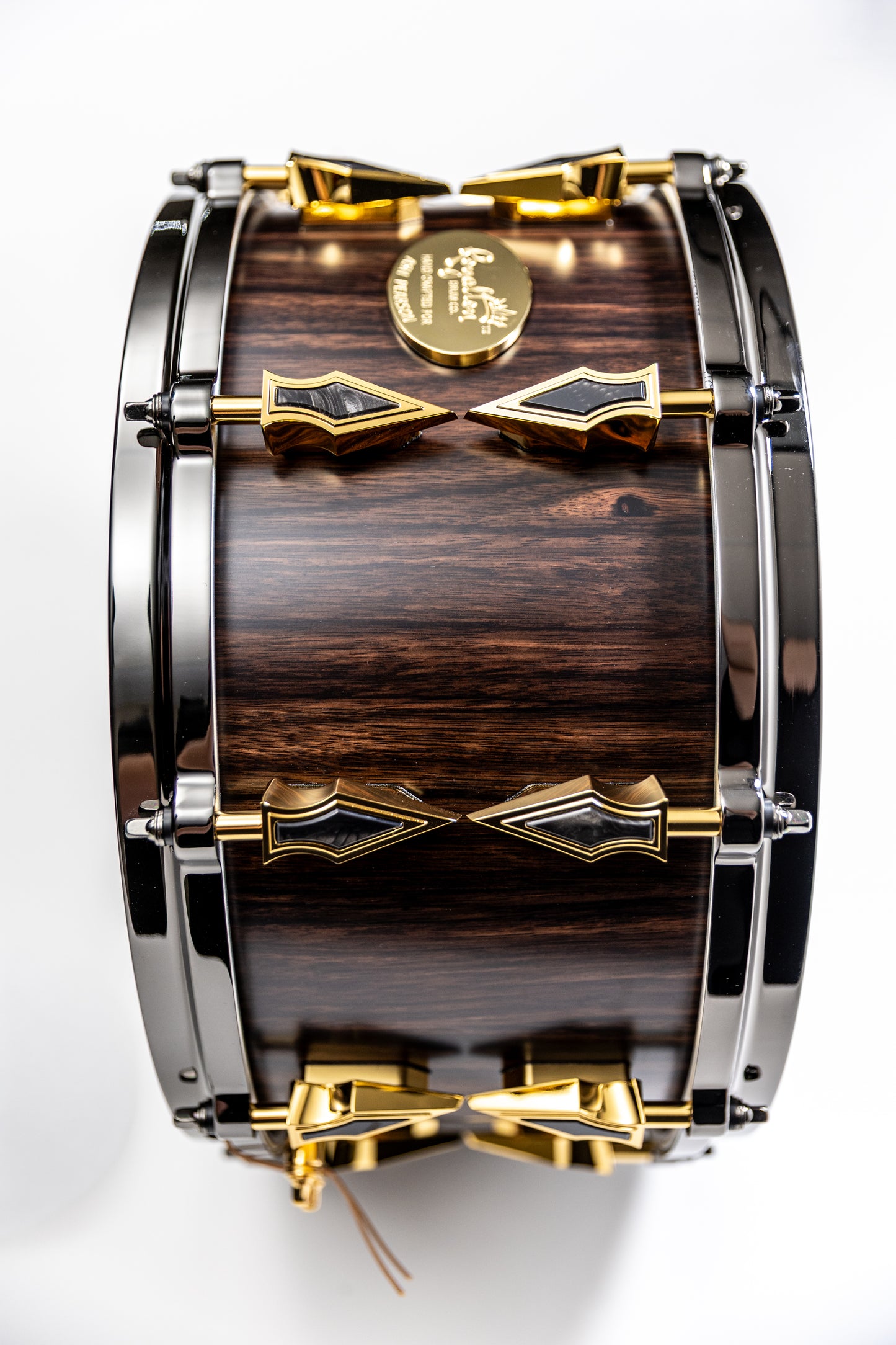 Macassar Ebony 10 Lug Stave Snare 7''x14'' with 24k Gold Hardware and Juma Black Dragon Inlays