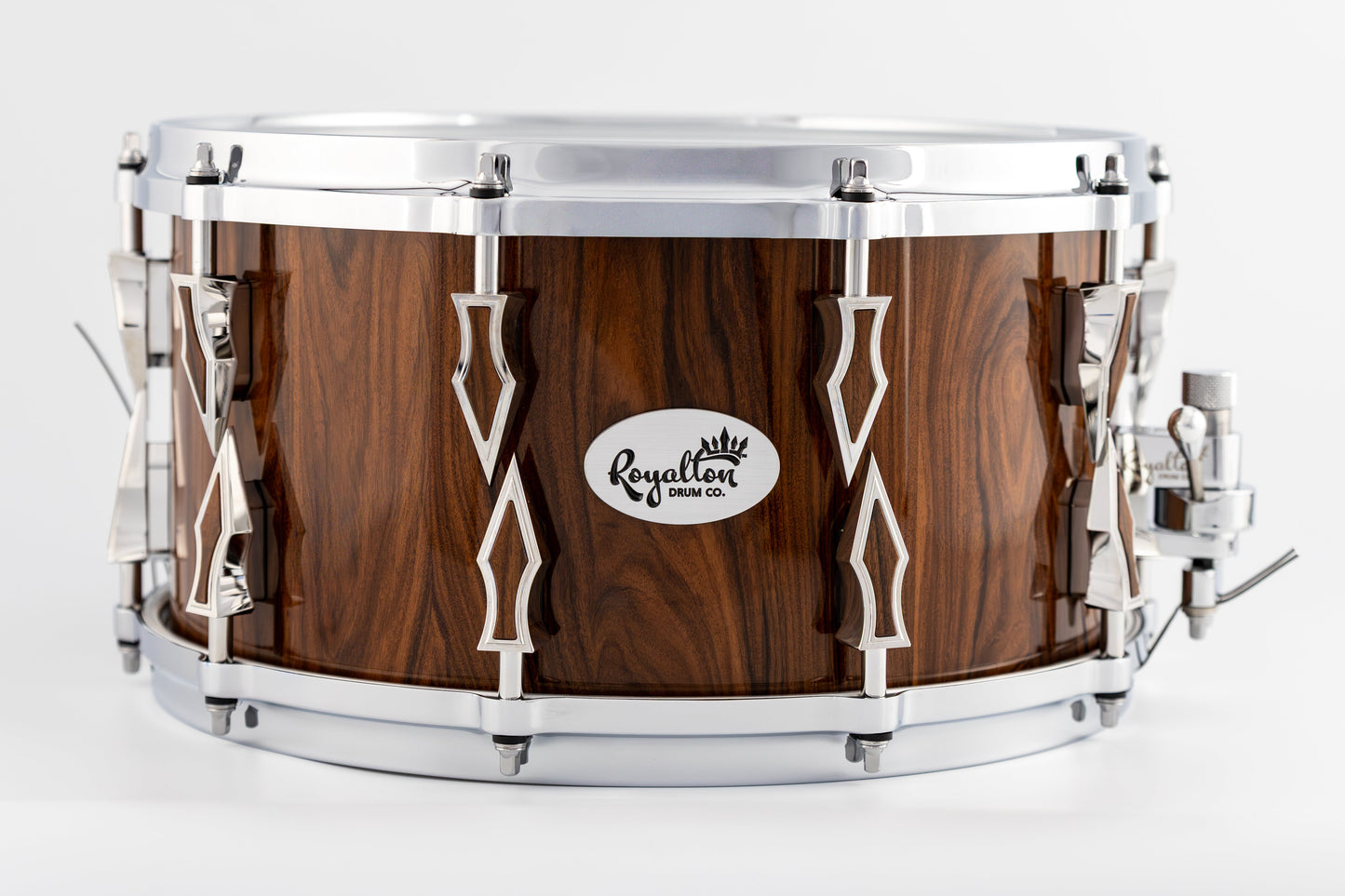 Honduran Rosewood 10 Lug Stave Snare Drum 7.5''x14'' High Gloss Finish with Chrome Lugs and Matching Honduran Rosewood Inlays