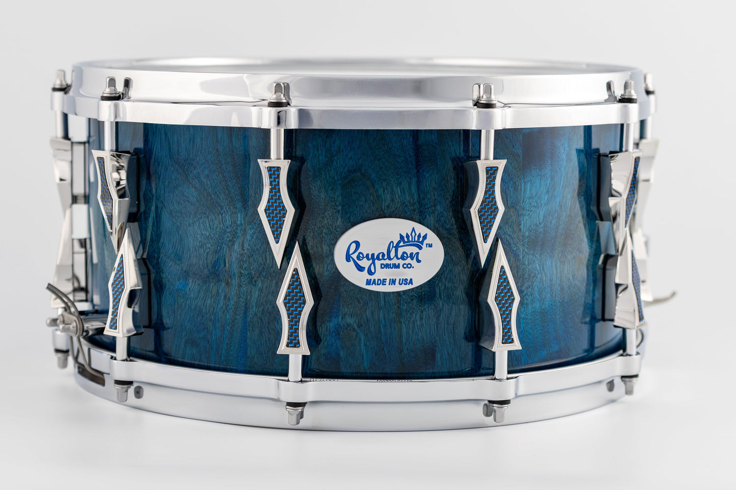 Flame Birch 10 Lug Stave Snare Drum 7"x14" High Gloss Finish With Chrome Hardware and Blue Lightning Strike Carbon Fiber Inlays