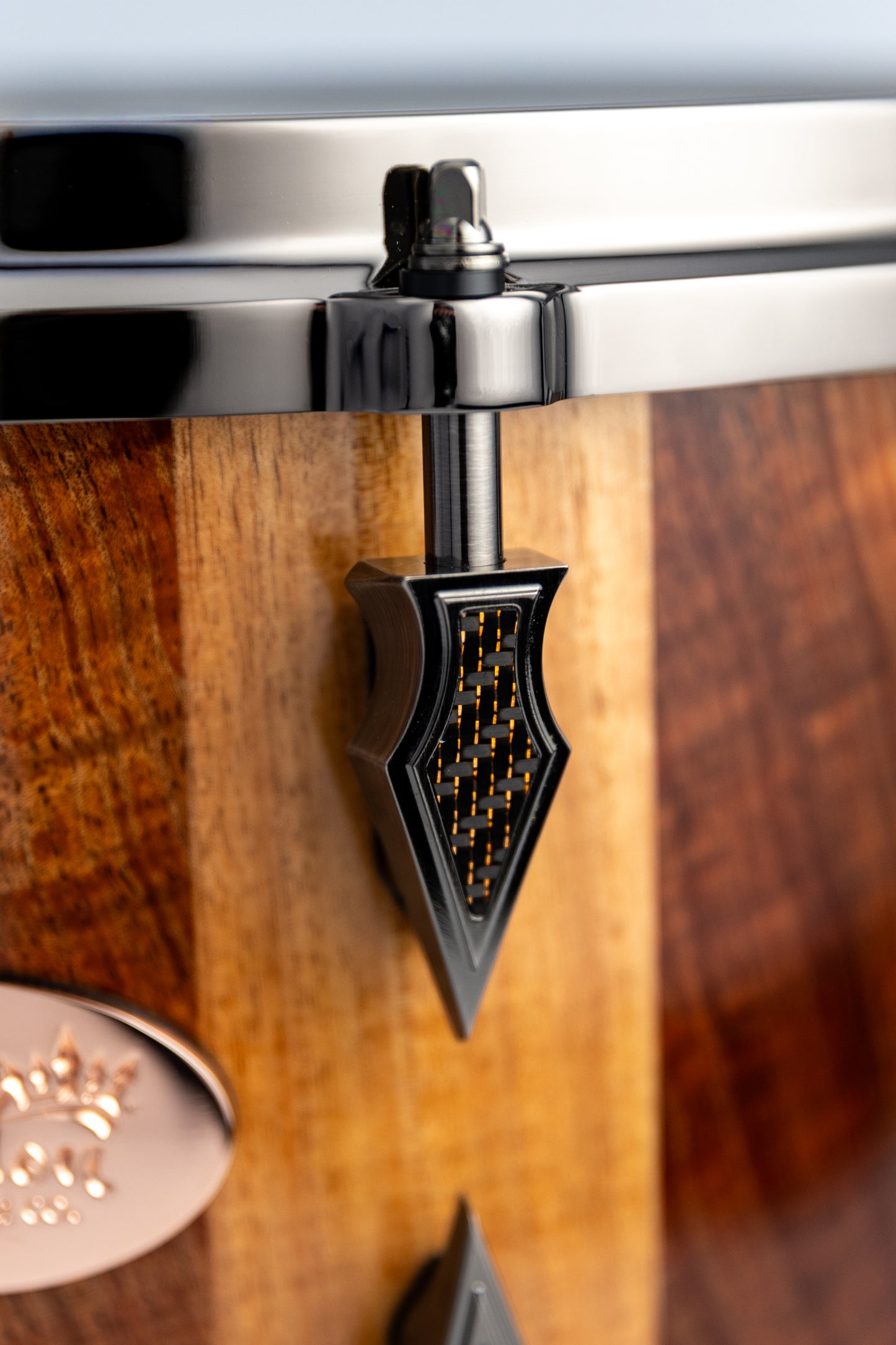 Tasmanian Blackwood 10-Lug Stave Snare 7.75''x14'' High Gloss w/ Antique Brushed Black Nickel Lugs & Copper Lightning Carbon Fiber Inlays