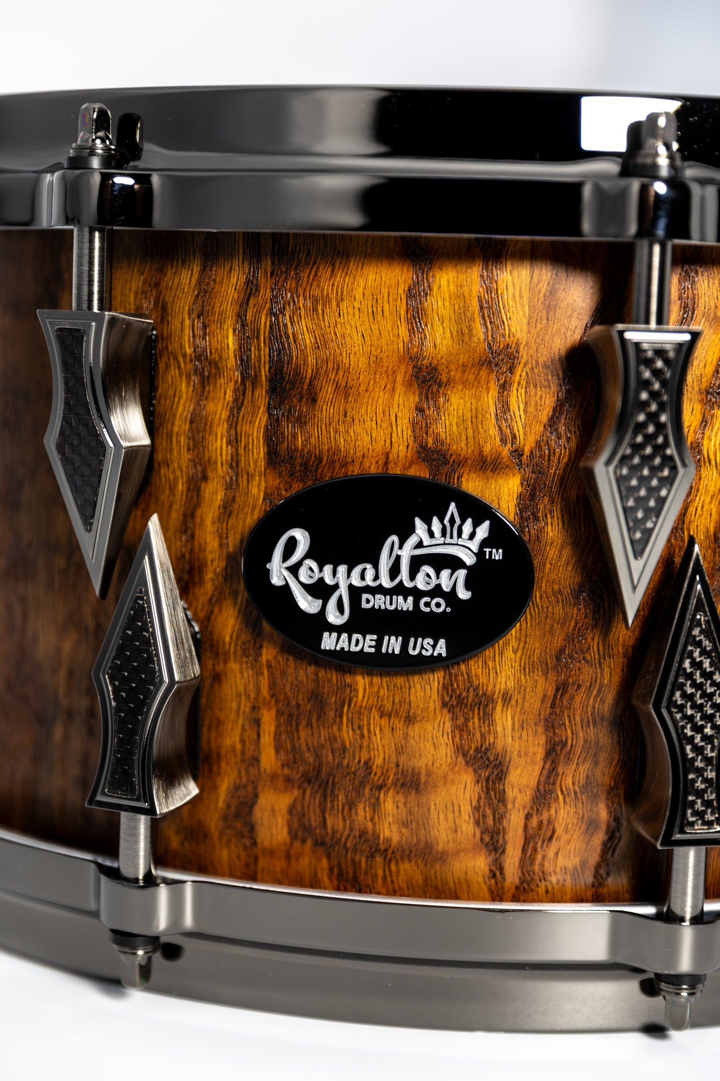 Curly Red Oak 10 Lug Stave Snare Drum 7''x14'' Iron Nitrate Stain Satin Finish with Custom Antique Brushed Black Nickel Lugs and Bronze Lightning Strike Carbon Fiber Inlays