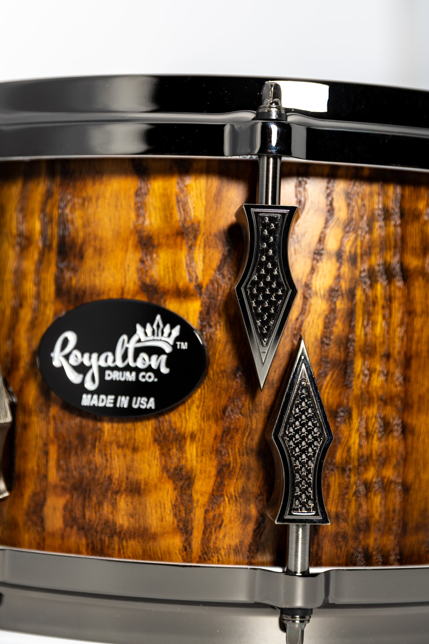 Curly Red Oak 10 Lug Stave Snare Drum 7''x14'' Iron Nitrate Stain Satin Finish with Custom Antique Brushed Black Nickel Lugs and Bronze Lightning Strike Carbon Fiber Inlays