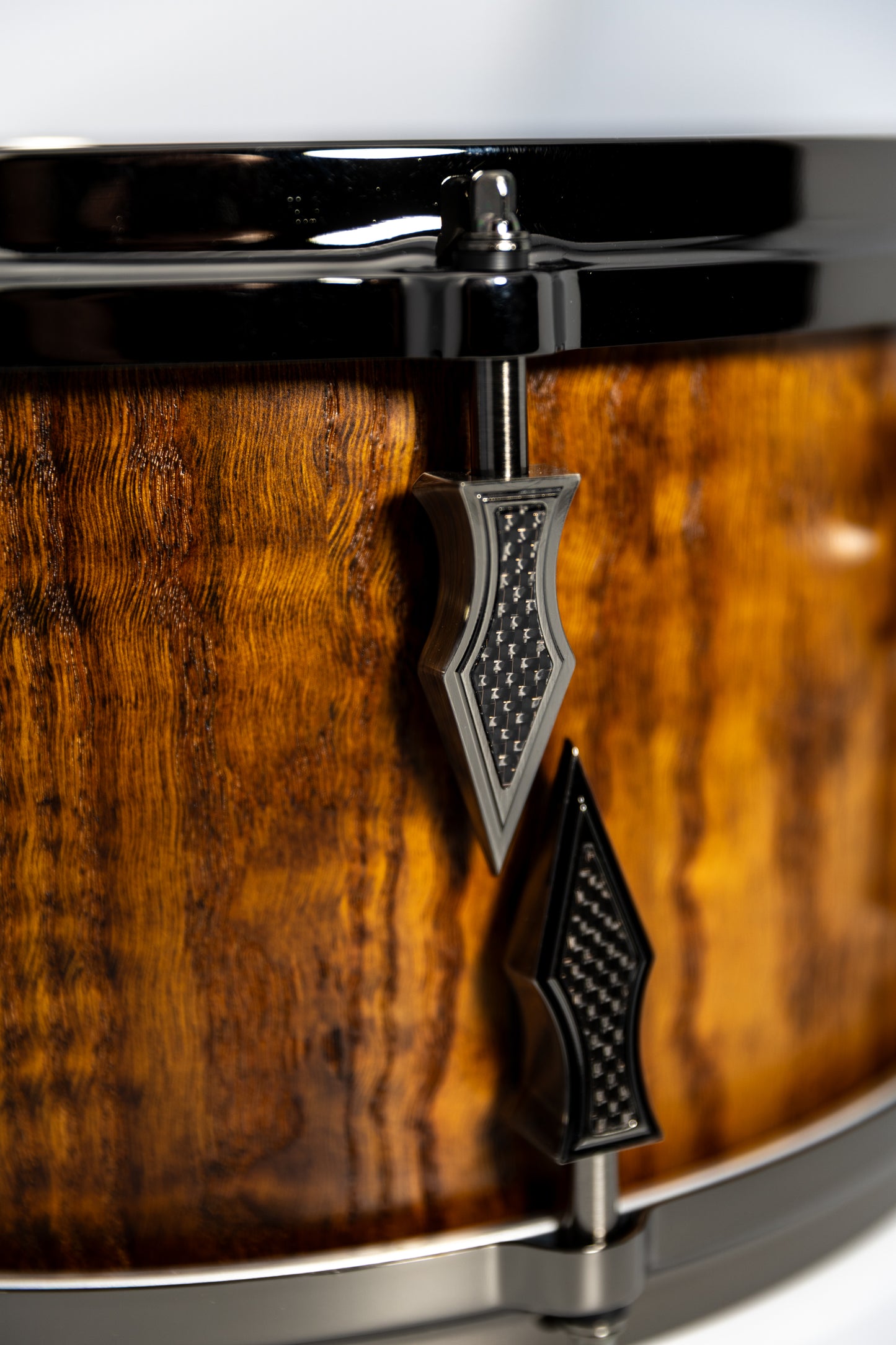 Curly Red Oak 10 Lug Stave Snare Drum 7''x14'' Iron Nitrate Stain Satin Finish with Custom Antique Brushed Black Nickel Lugs and Bronze Lightning Strike Carbon Fiber Inlays