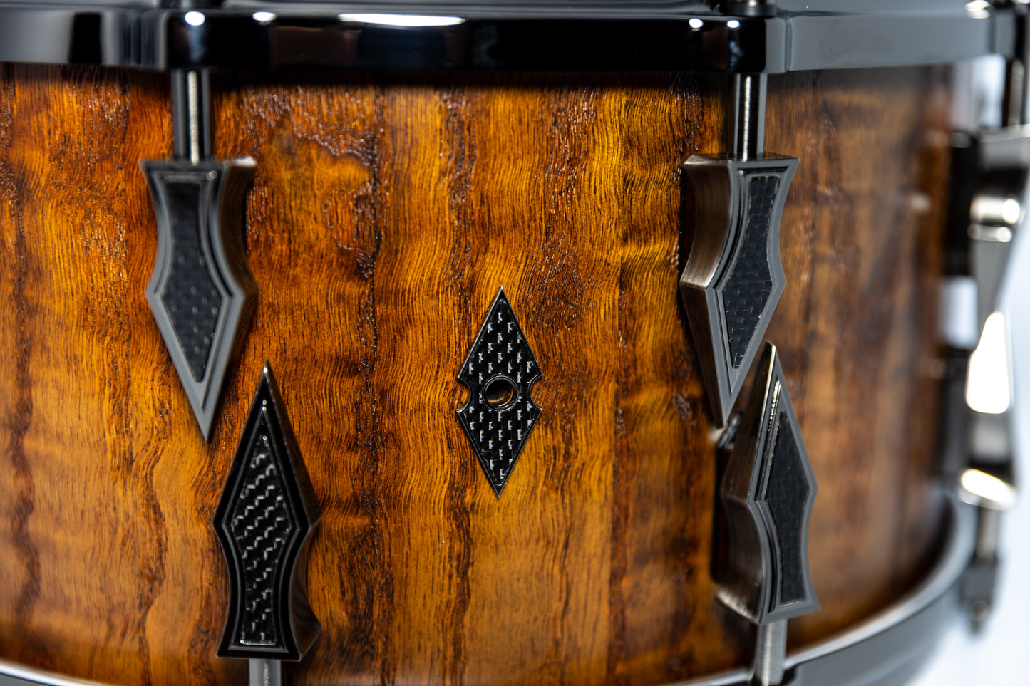 Curly Red Oak 10 Lug Stave Snare Drum 7''x14'' Iron Nitrate Stain Satin Finish with Custom Antique Brushed Black Nickel Lugs and Bronze Lightning Strike Carbon Fiber Inlays