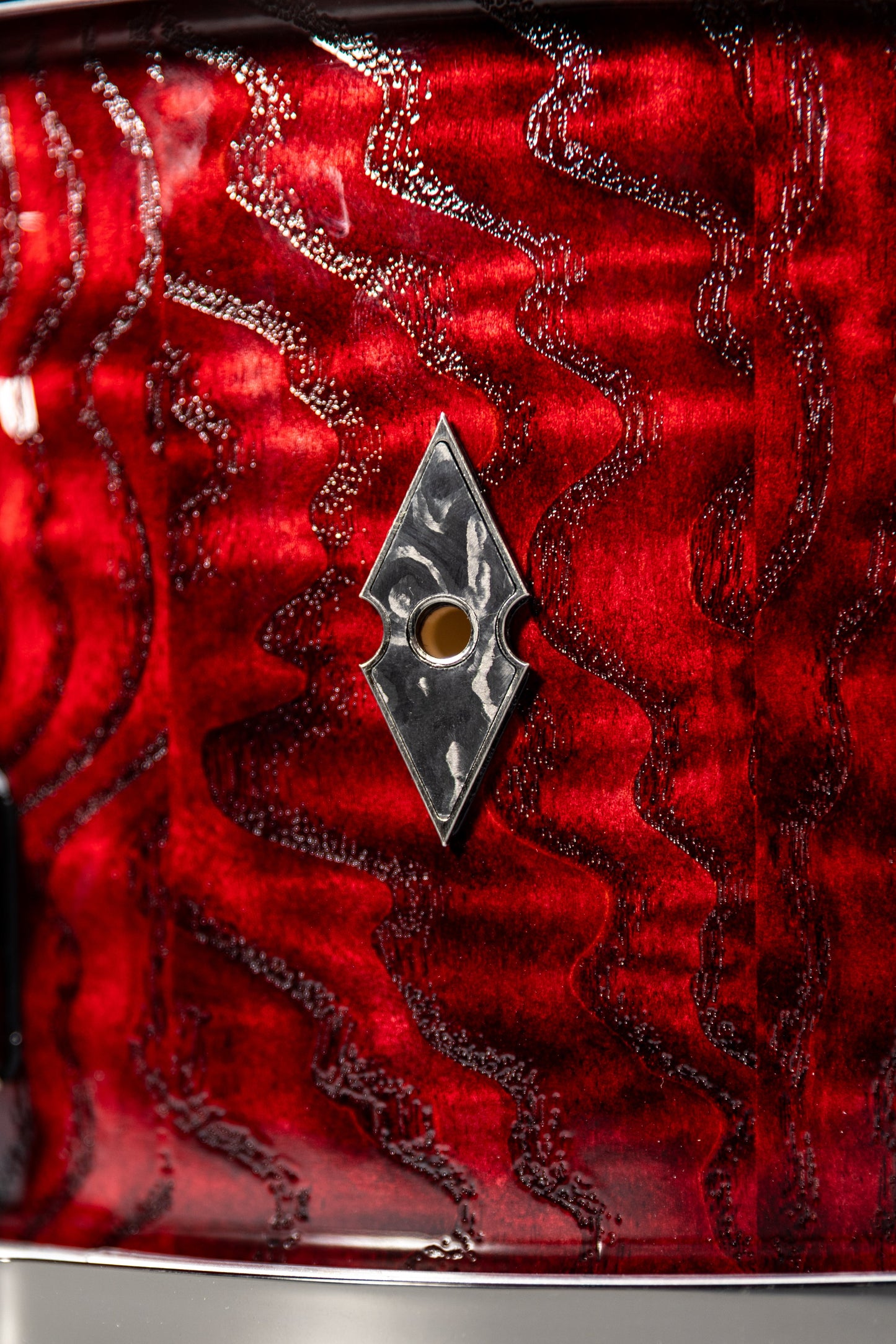 Quilted Ash 8 Lug Stave Snare Drum 7''x14'' Dyed Dark Red, High Gloss Finish with Custom Antique Brushed Black Nickel Lugs and Black Camo Carbon Fiber Inlays