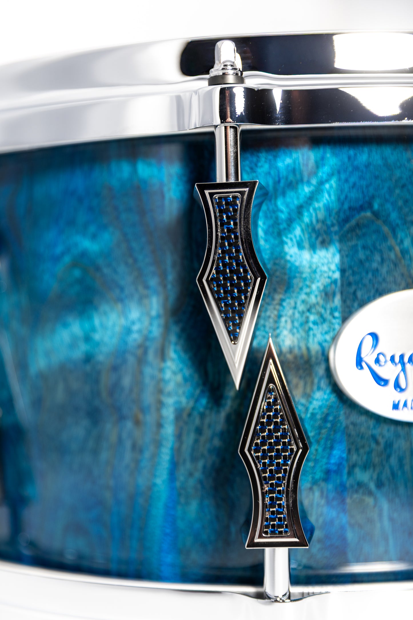 Flame Birch 10 Lug Stave Snare Drum 7"x14" High Gloss Finish With Chrome Hardware and Blue Lightning Strike Carbon Fiber Inlays