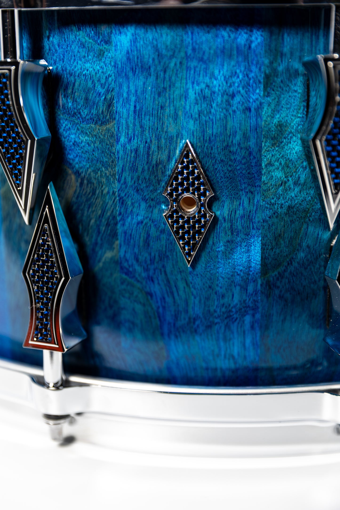 Flame Birch 10 Lug Stave Snare Drum 7"x14" High Gloss Finish With Chrome Hardware and Blue Lightning Strike Carbon Fiber Inlays