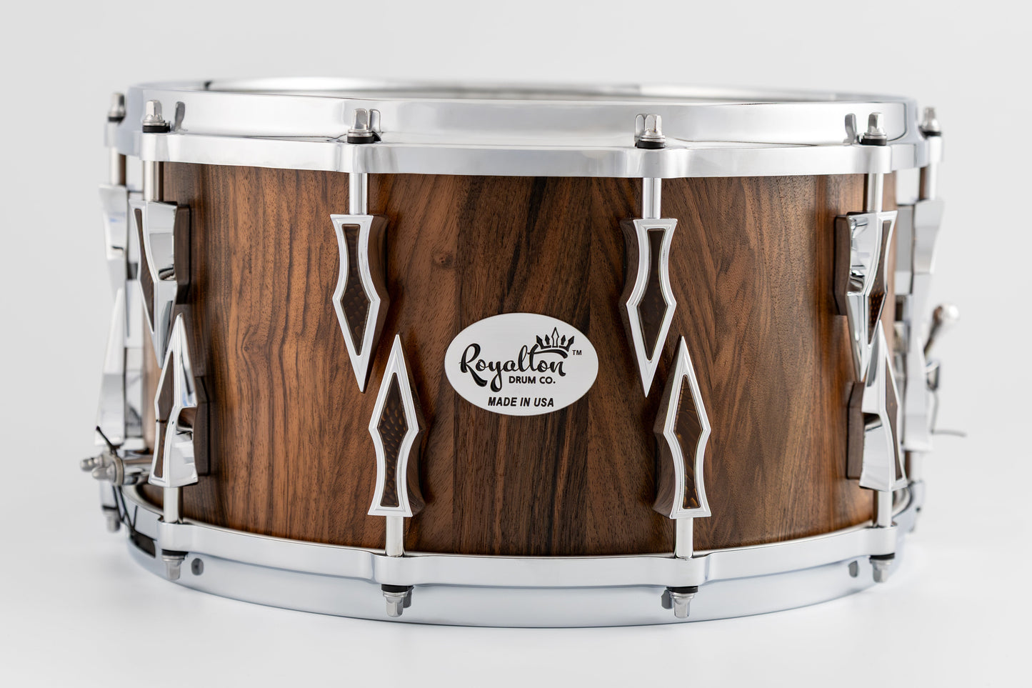 Turkish Walnut 10 Lug Stave Snare Drum 7.5''x14'' Satin Finish with Chrome Lugs and Juma Brown Dragon Inlays