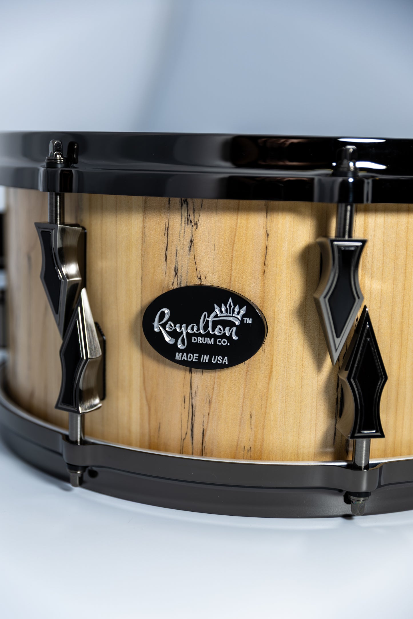 Spalted Maple 8 Lug Stave Snare Drum 6.5''x14'' Satin Finish with Custom Antique Brushed Black Nickel Lugs and Gaboon Ebony Inlays