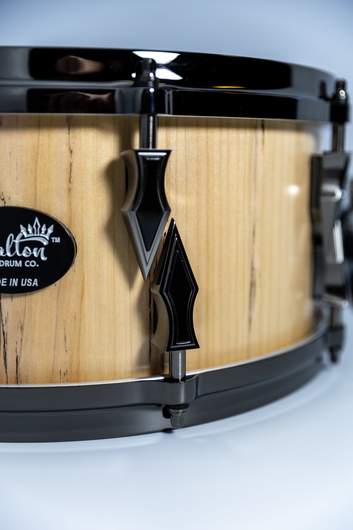 Spalted Maple 8 Lug Stave Snare Drum 6.5''x14'' Satin Finish with Custom Antique Brushed Black Nickel Lugs and Gaboon Ebony Inlays