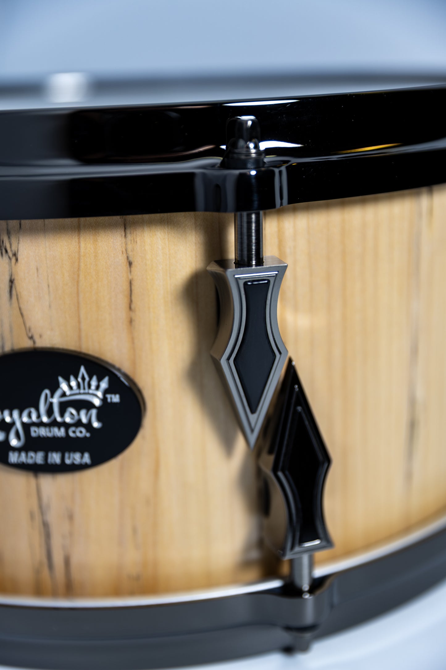 Spalted Maple 8 Lug Stave Snare Drum 6.5''x14'' Satin Finish with Custom Antique Brushed Black Nickel Lugs and Gaboon Ebony Inlays