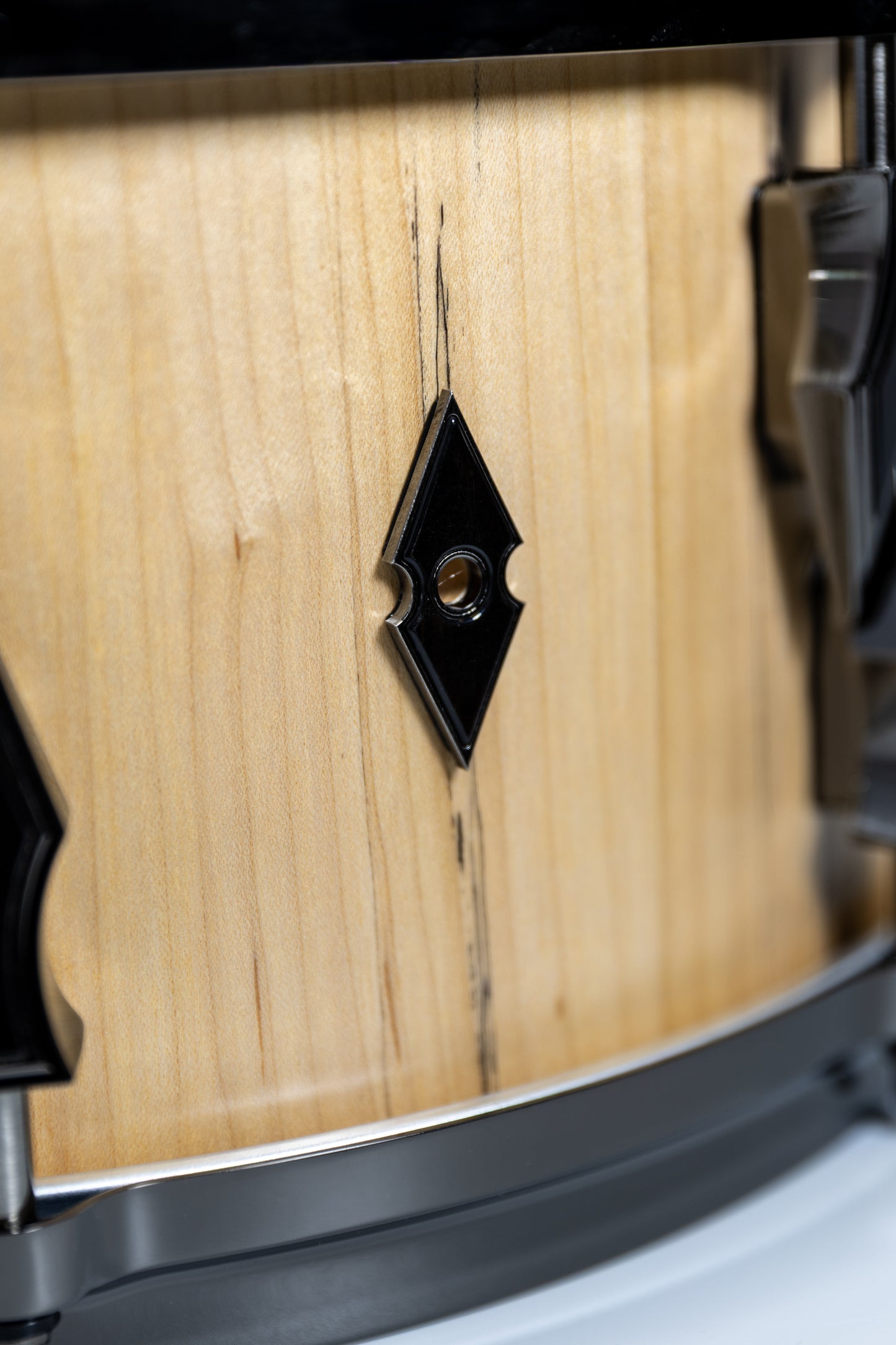 Spalted Maple 8 Lug Stave Snare Drum 6.5''x14'' Satin Finish with Custom Antique Brushed Black Nickel Lugs and Gaboon Ebony Inlays