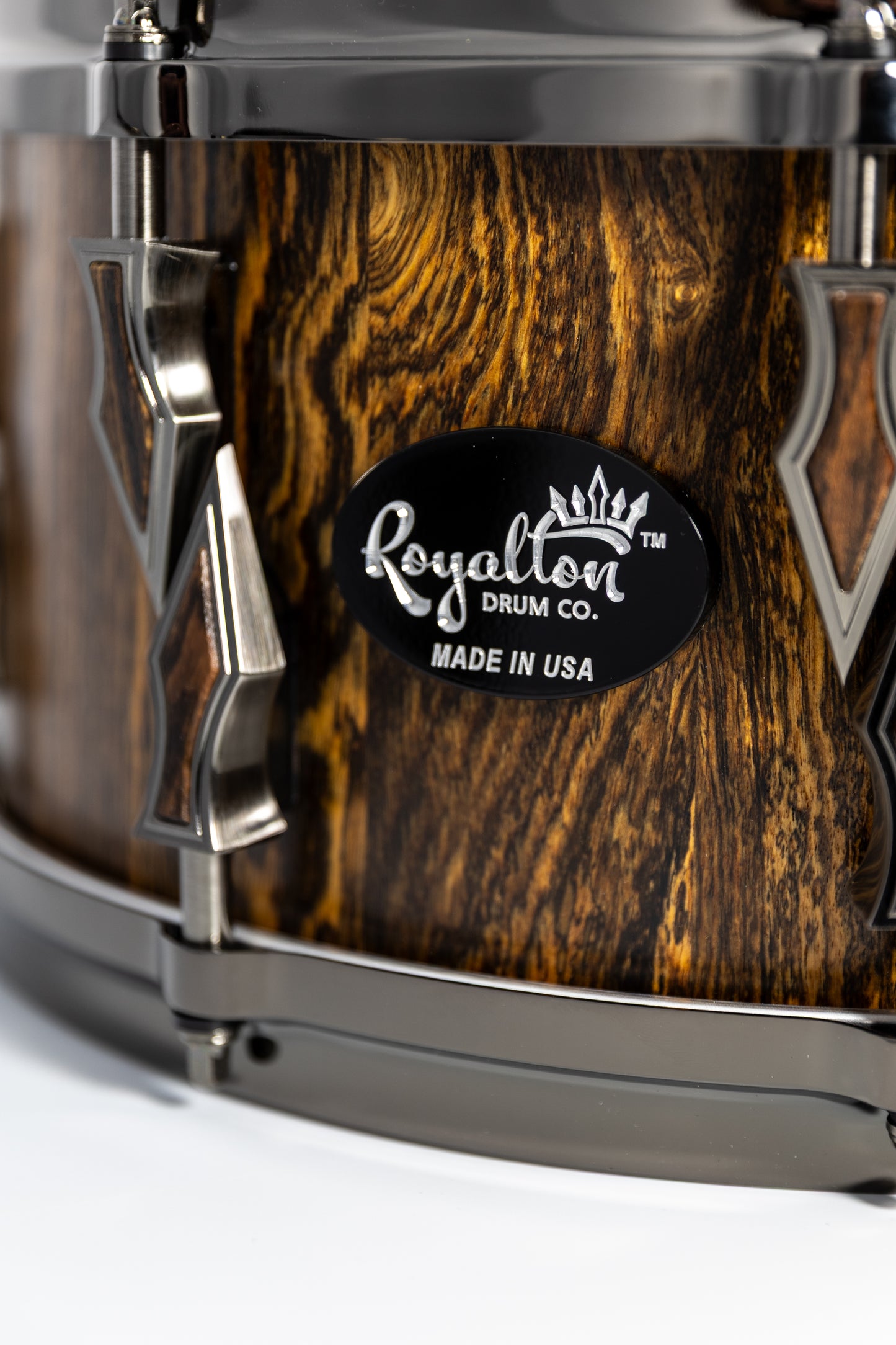 Bocote 10 Lug Stave Snare Drum 6.5''x14'' Satin Finish with Custom Antique Brushed Black Nickel Lugs and Matching Bocote Inlays