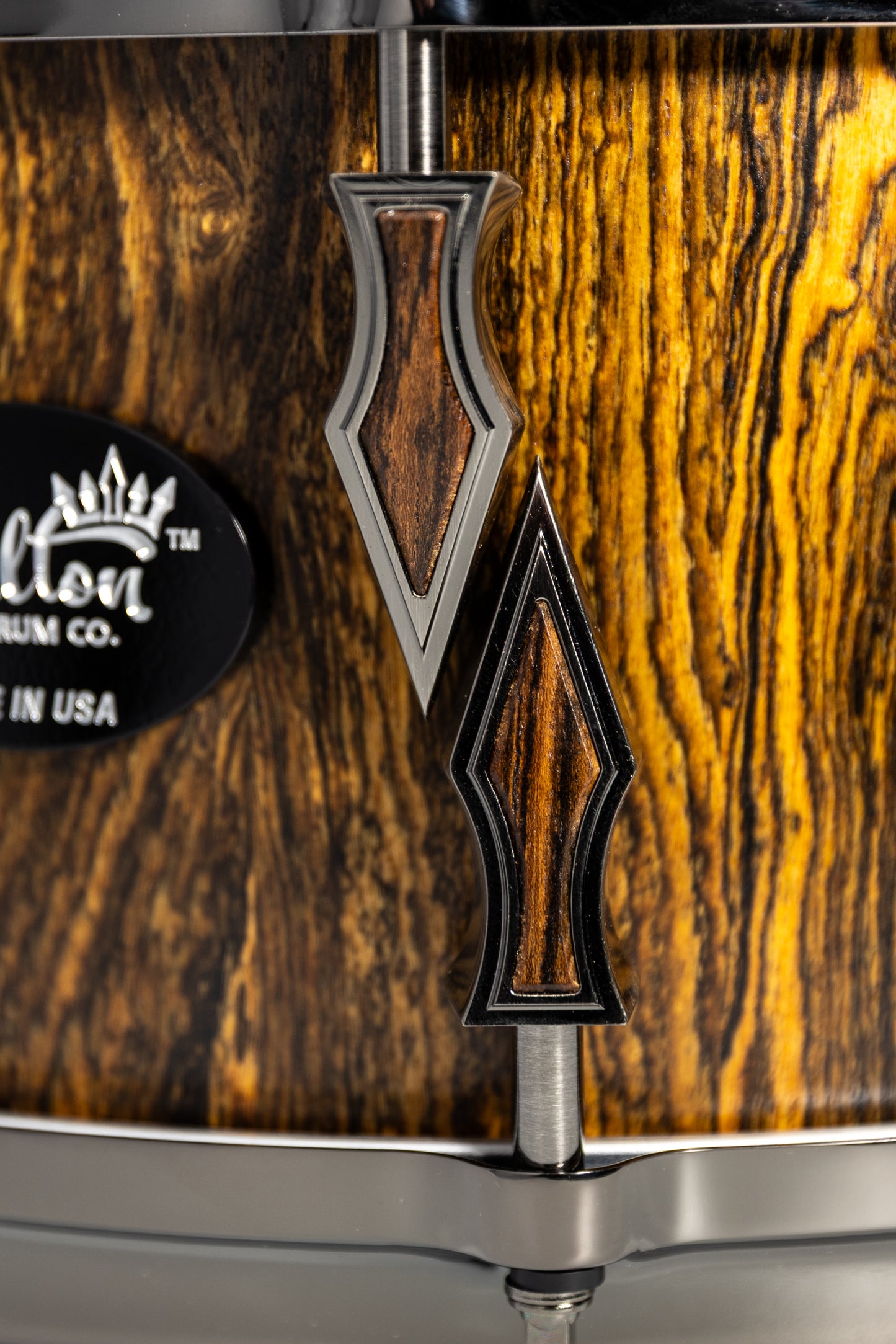 Bocote 10 Lug Stave Snare Drum 6.5''x14'' Satin Finish with Custom Antique Brushed Black Nickel Lugs and Matching Bocote Inlays