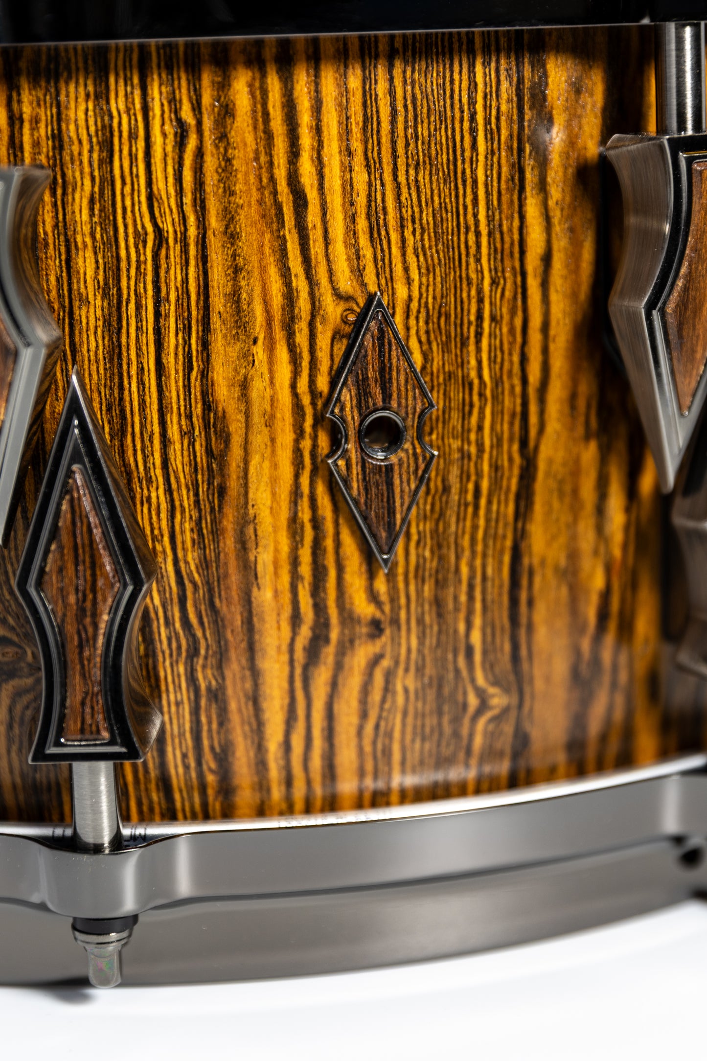 Bocote 10 Lug Stave Snare Drum 6.5''x14'' Satin Finish with Custom Antique Brushed Black Nickel Lugs and Matching Bocote Inlays