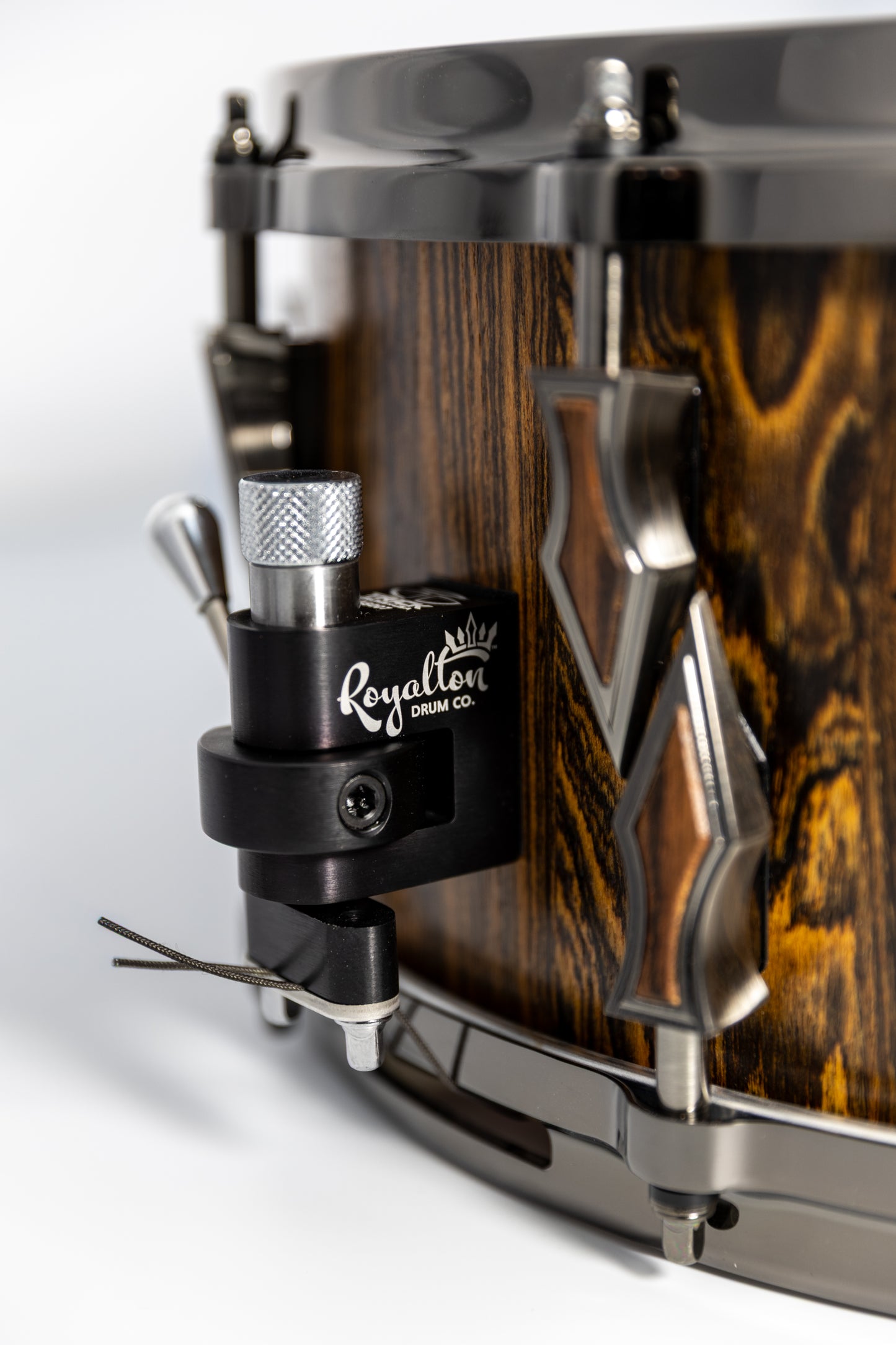 Bocote 10 Lug Stave Snare Drum 6.5''x14'' Satin Finish with Custom Antique Brushed Black Nickel Lugs and Matching Bocote Inlays