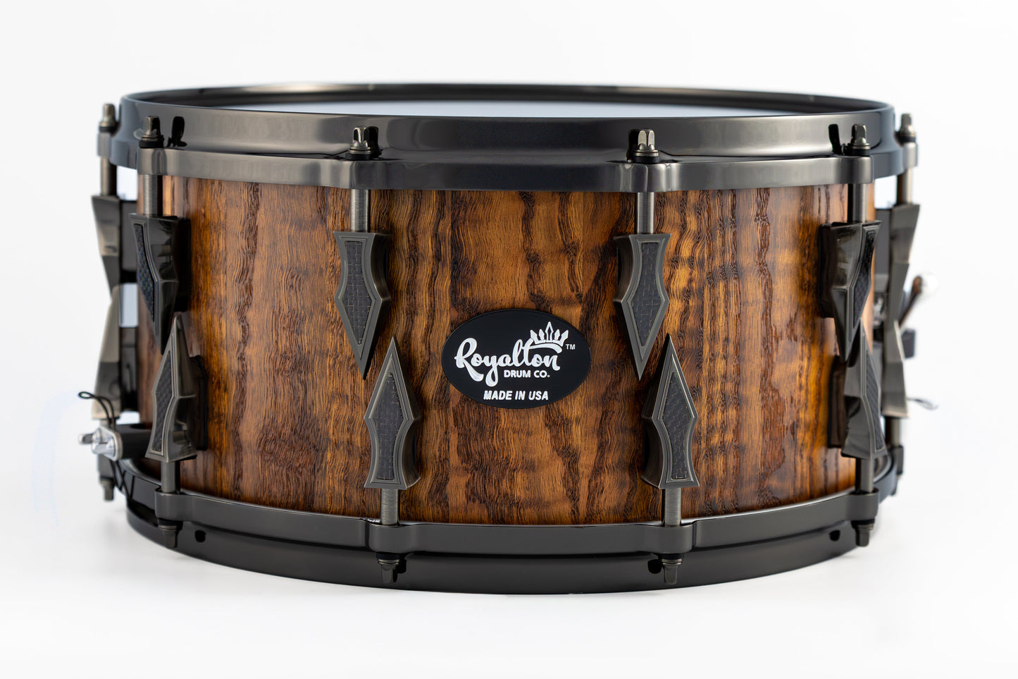 Curly Red Oak 10 Lug Stave Snare Drum 7''x14'' Iron Nitrate Stain Satin Finish with Custom Antique Brushed Black Nickel Lugs and Bronze Lightning Strike Carbon Fiber Inlays