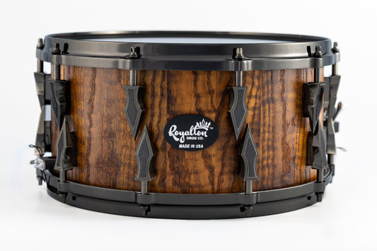 Curly Red Oak 10 Lug Stave Snare Drum 7''x14'' Iron Nitrate Stain Satin Finish with Custom Antique Brushed Black Nickel Lugs and Bronze Lightning Strike Carbon Fiber Inlays