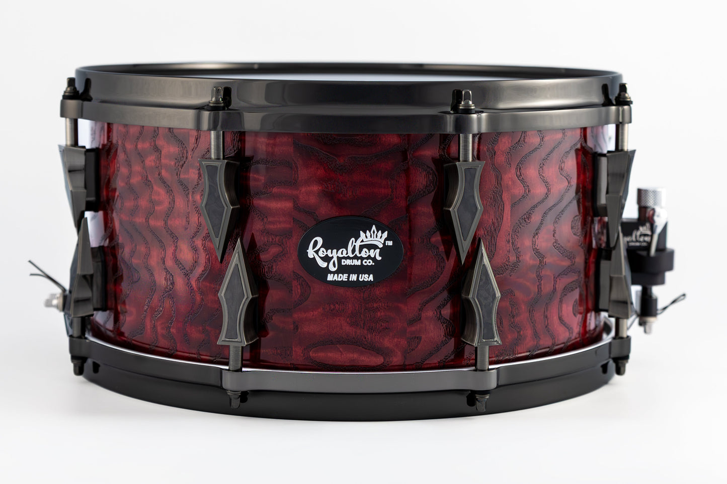 Quilted Ash 8 Lug Stave Snare Drum 7''x14'' Dyed Dark Red, High Gloss Finish with Custom Antique Brushed Black Nickel Lugs and Black Camo Carbon Fiber Inlays