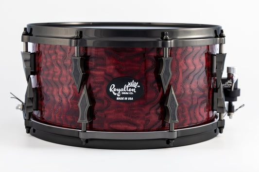 Quilted Ash 8 Lug Stave Snare Drum 7''x14'' Dyed Dark Red, High Gloss Finish with Custom Antique Brushed Black Nickel Lugs and Black Camo Carbon Fiber Inlays