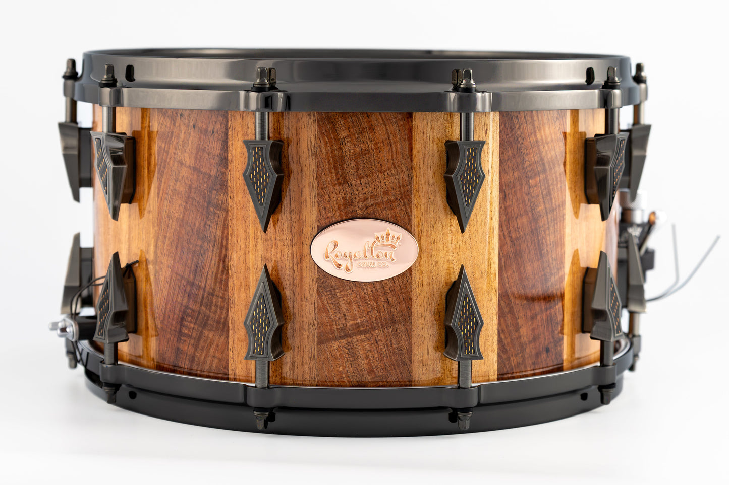 Tasmanian Blackwood 10-Lug Stave Snare 7.75''x14'' High Gloss w/ Antique Brushed Black Nickel Lugs & Copper Lightning Carbon Fiber Inlays